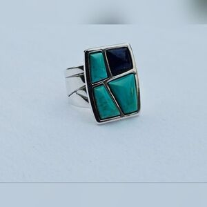 Vintage signed Jay King (DTR) 925 turquoise and lapis mosaic ring